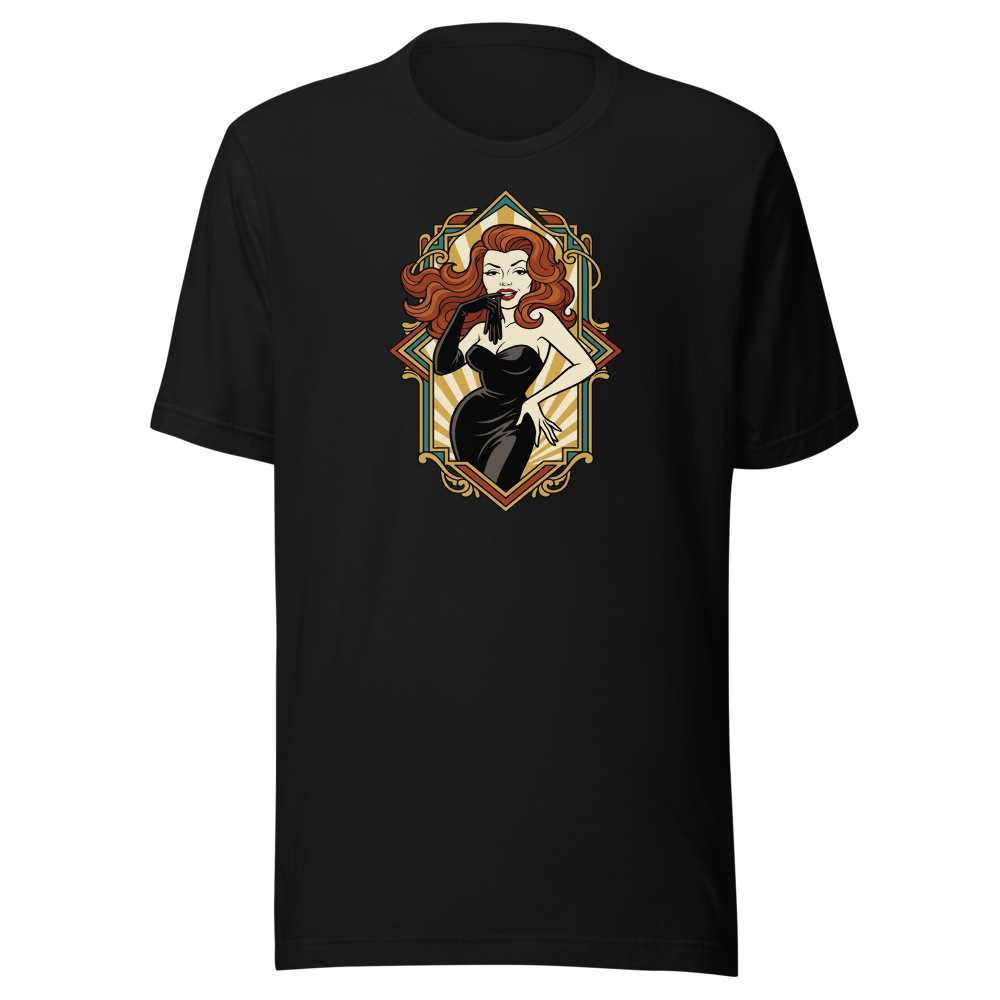 Jazz Age Femme Fatale Glove Peel Deco Tee — black front view