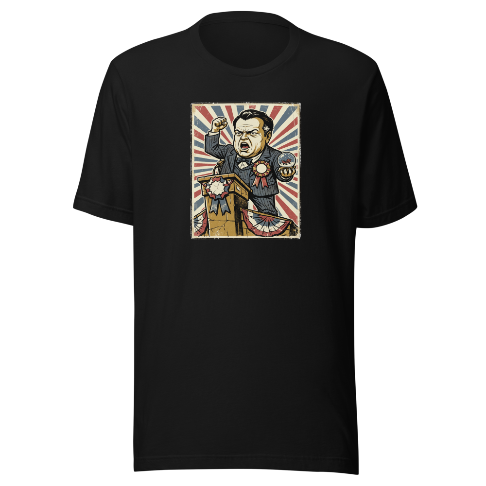 Rosebud Snow Globe Campaign Podium Propaganda Tee — black front view