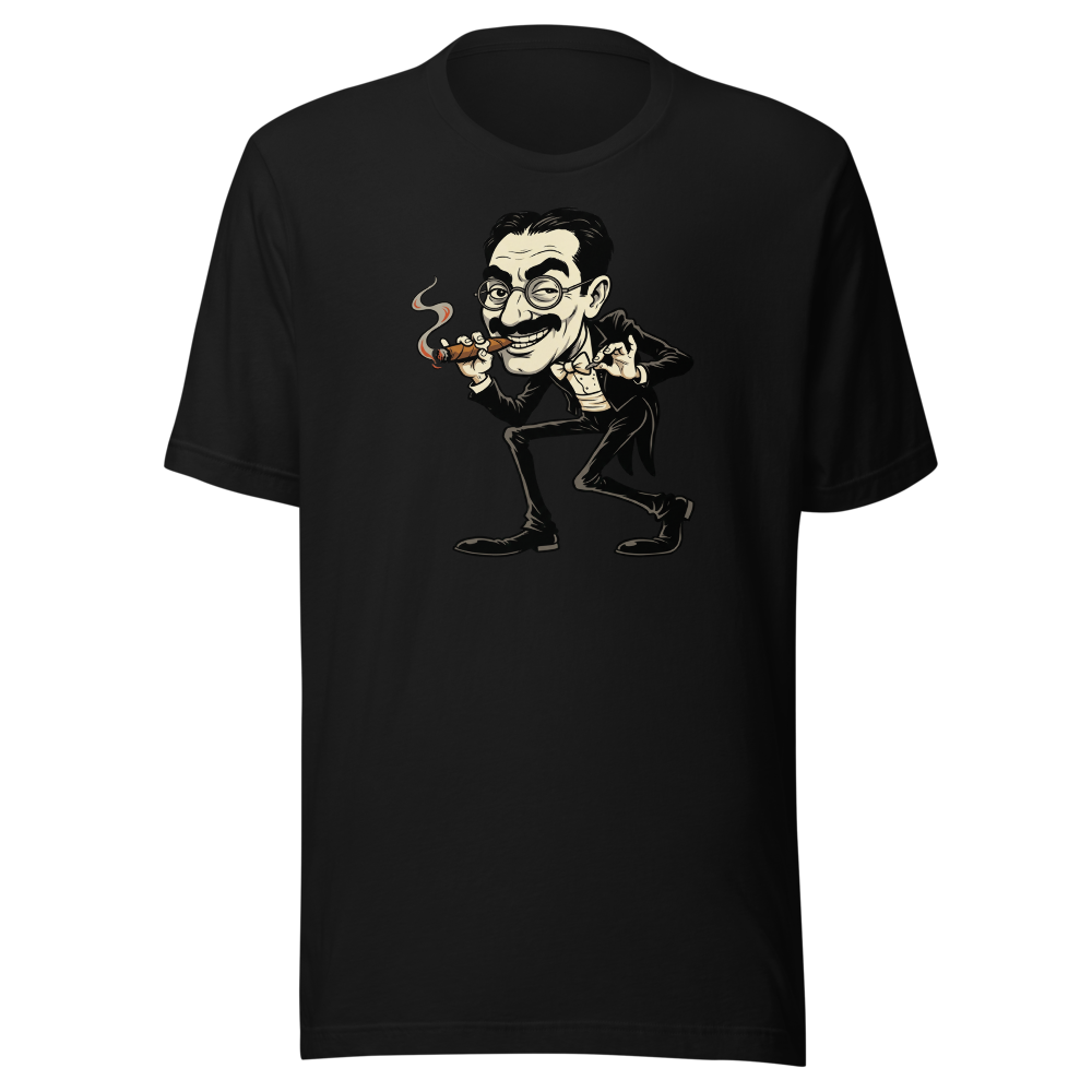 Sneaky Vaudeville Comedian Cigar Caricature Tee — black front view