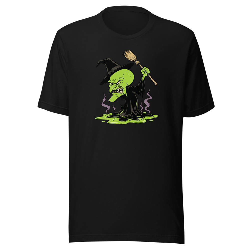 Melting Green Witch Editorial Cartoon Parody Tee — black front view