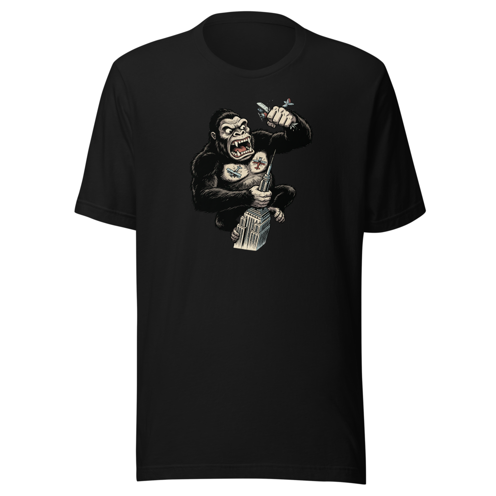 Giant Ape Skyscraper Biplane Smash Comic Tee — black front view