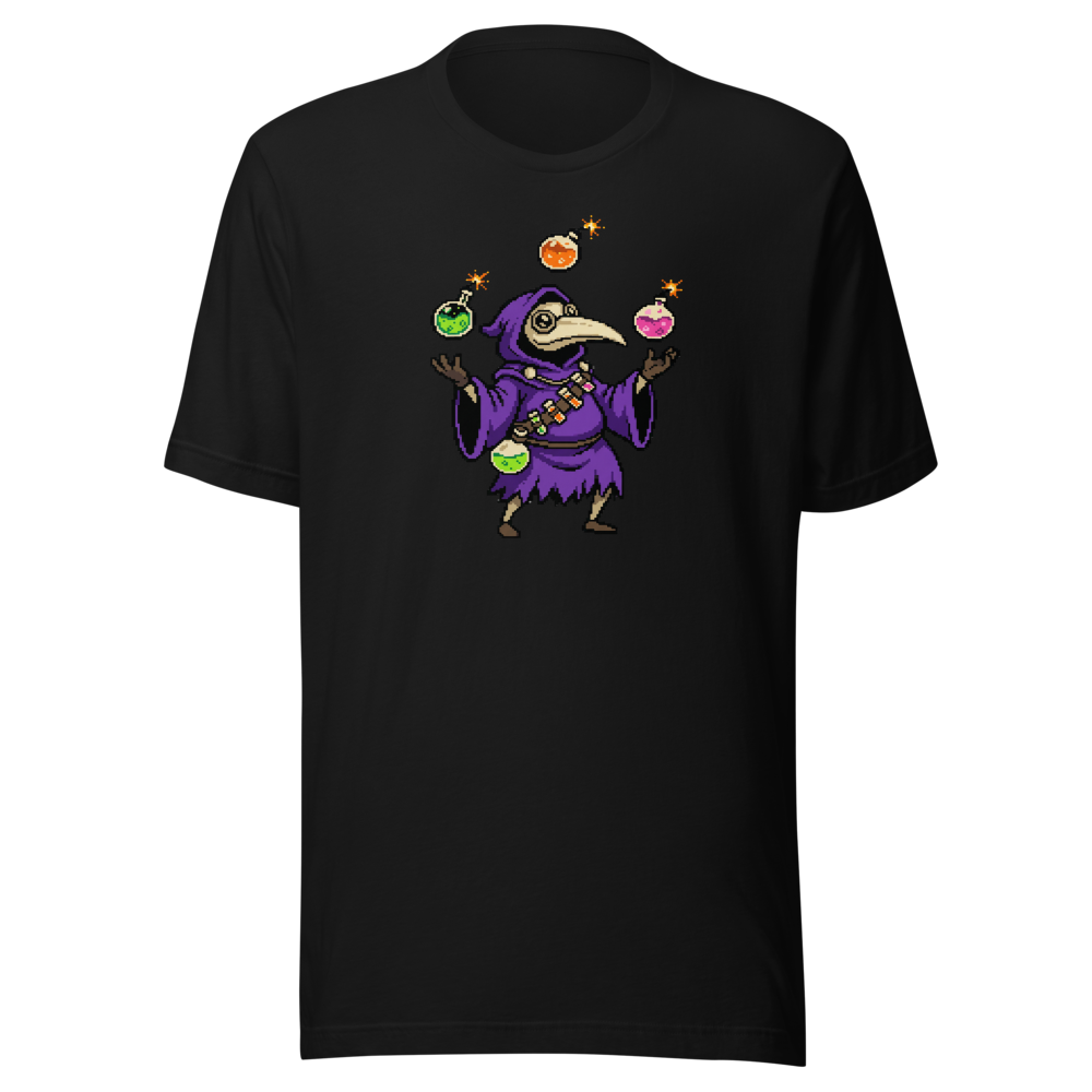 Hooded Pixel Alchemist Potion Juggler Retro Tee — black front view