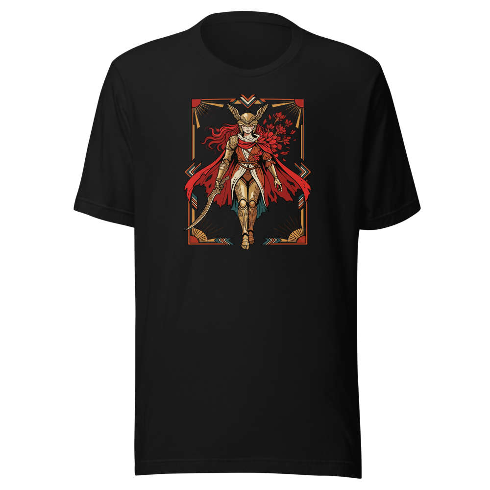Deco Valkyrie Scarlet Bloom Knight Graphic T-Shirt — black front view