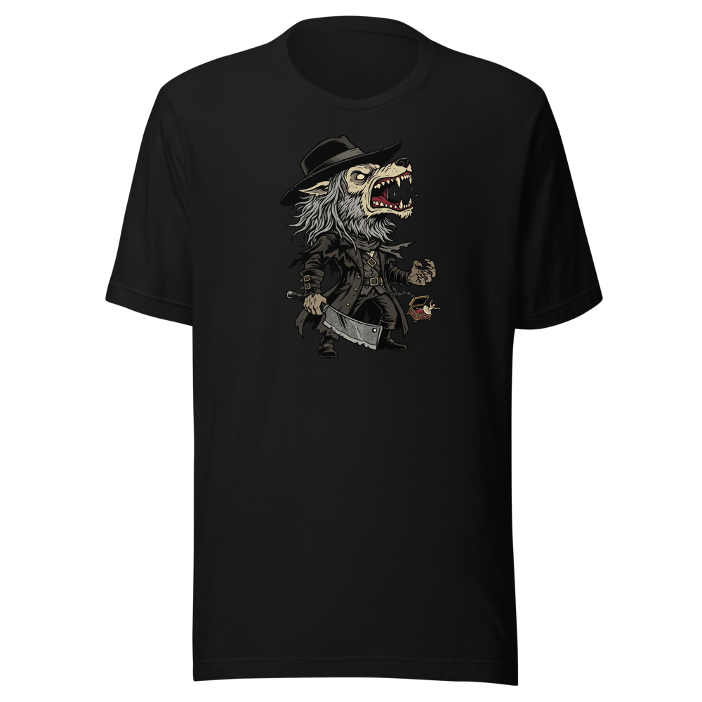 Beast Hunter Howling Tricorn Cleaver Comic Ink Tee — black front view