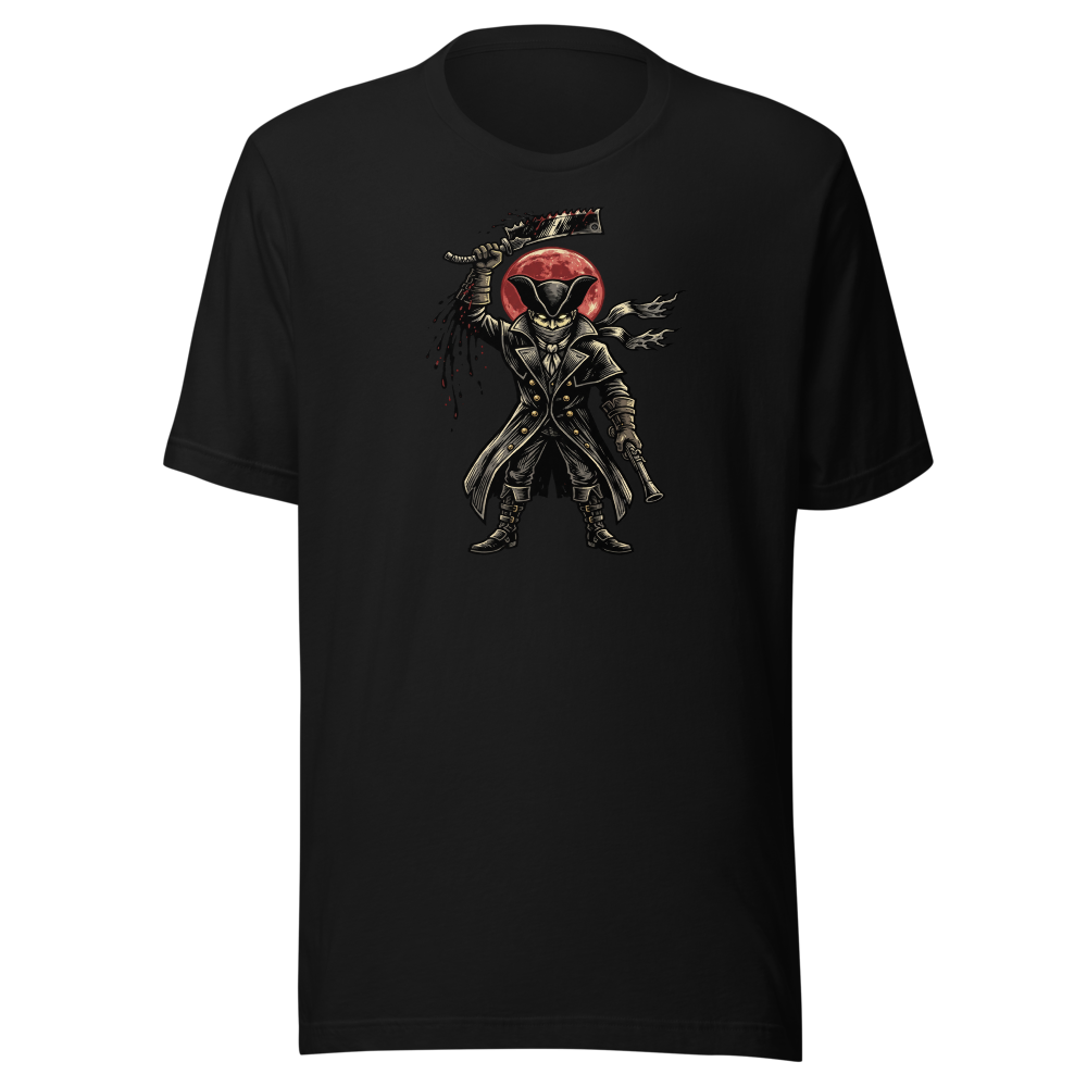 Gothic Hunter Blood Moon Linocut Horror Tee — black front view
