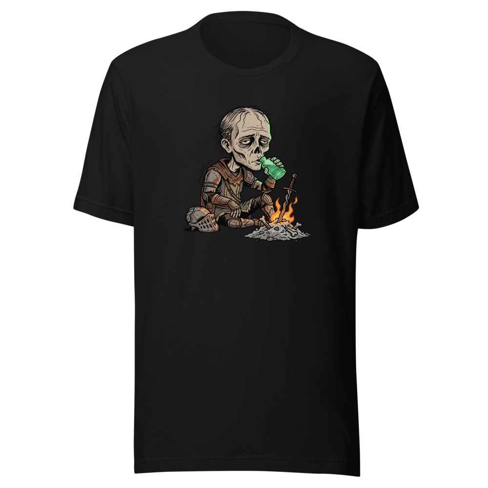 Hollow Knight Bonfire Estus Coffee Soulslike Parody Tee — black front view