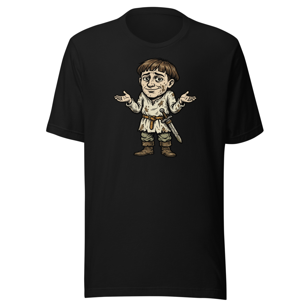 Medieval Peasant Shrug Woodcut Retro RPG Tee — black front view