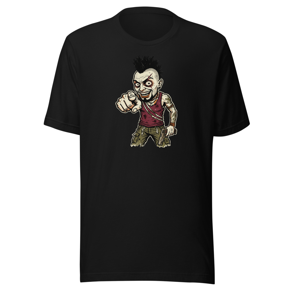 Unhinged Jungle Warlord Punk Caricature Tee — black front view