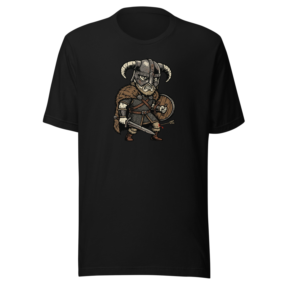 Horned Helmet Hero Arrow To The Knee Woodcut Tee — black front view