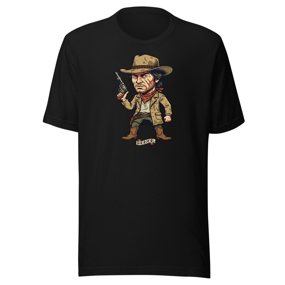 Scarred Outlaw Revolver Spinner Tattoo Flash Tee — black front view