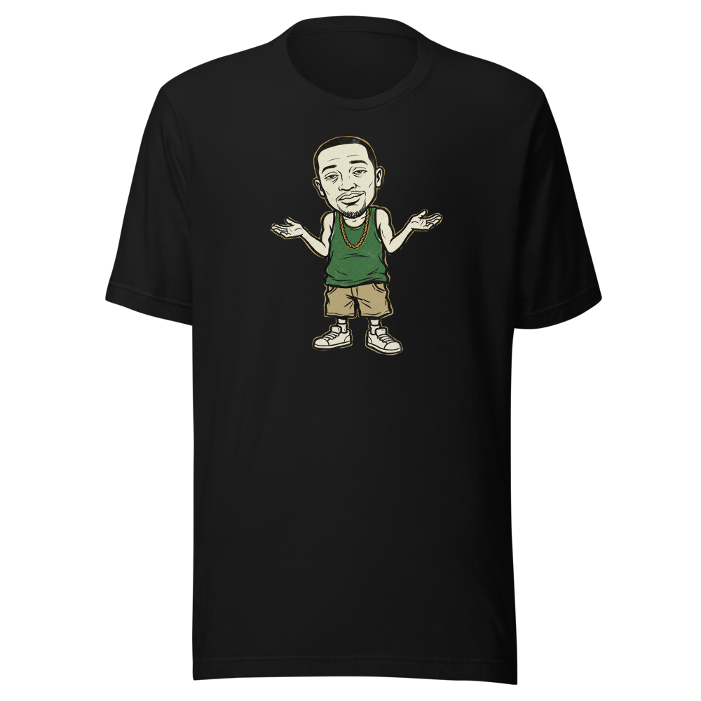Here We Go Again Open-World Shrug Punk Tee — black front view
