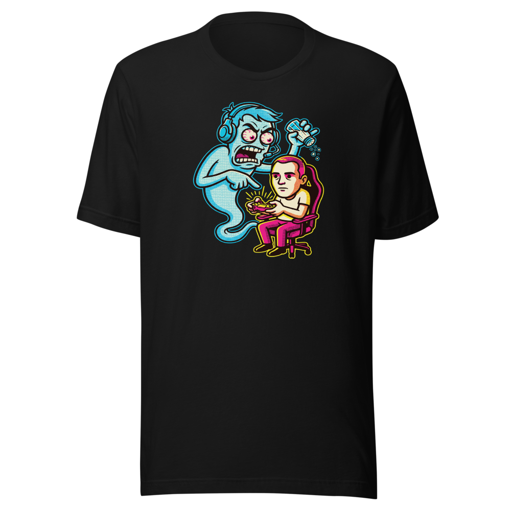 Salty Ghost Backseat Gamer Halftone Pop Art Tee — black front view