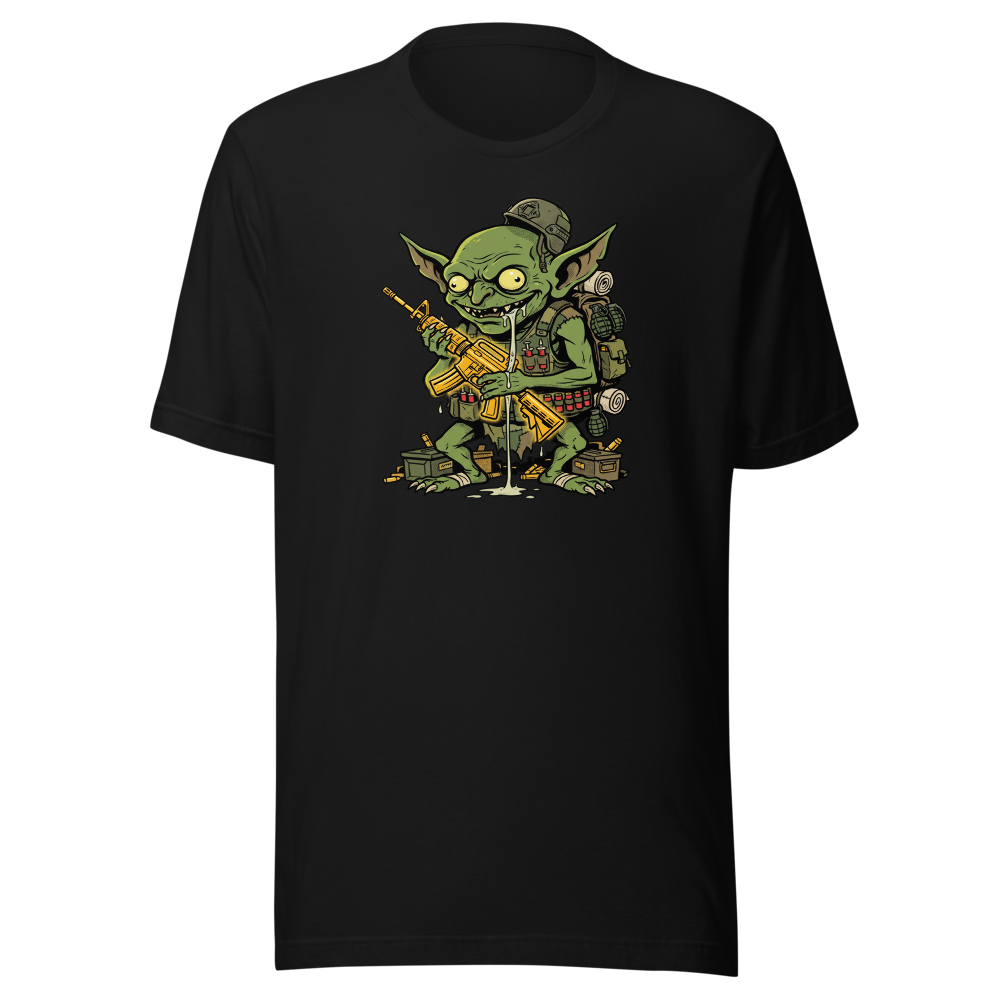 Loot Gremlin Gold Rifle Battle Royale Gamer Tee — black front view