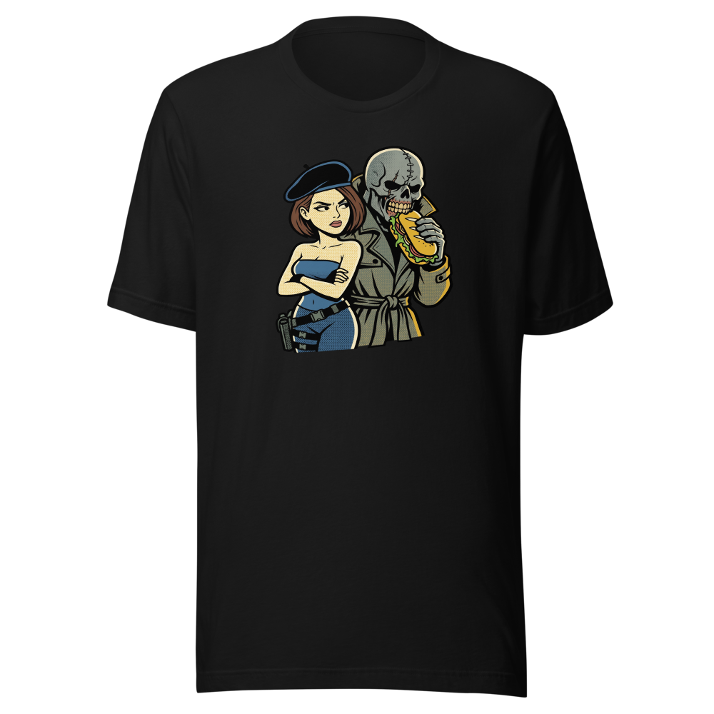 Parisian Beret Survival Horror Sandwich Parody Tee — black front view