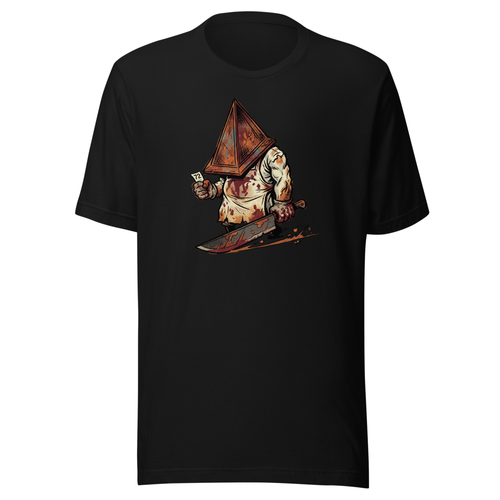 Horror Executioner at the DMV Halftone Parody Tee — black front view
