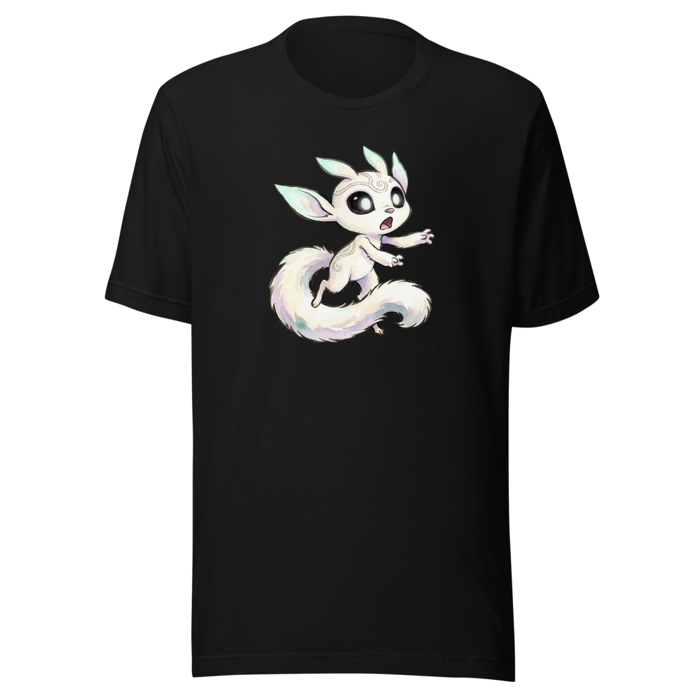 Glowing Forest Sprite Watercolor Caricature Tee — black front view