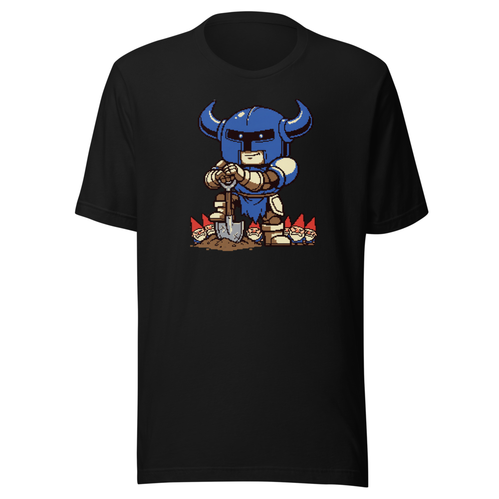 Pixel Knight Gnome Gardener Retro 16-Bit Gaming Tee — black front view