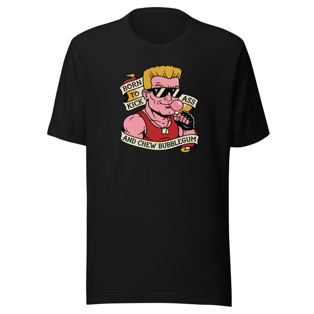Bubblegum Action Hero Traditional Tattoo Flash Tee — black front view