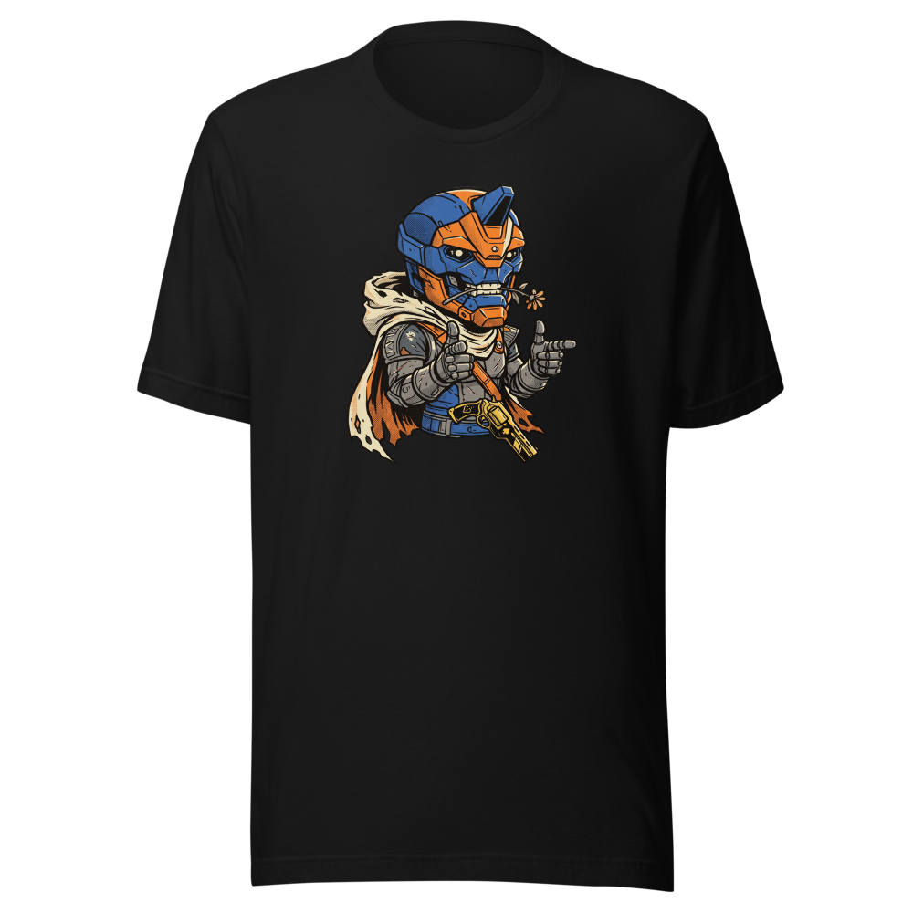 Wisecracking Exo Gunslinger Halftone Pop Art Tee — black front view