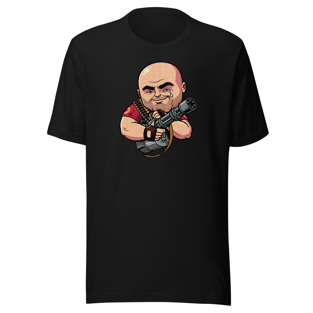 Big Russian Gunner Minigun Hug Pop Art Tee — black front view