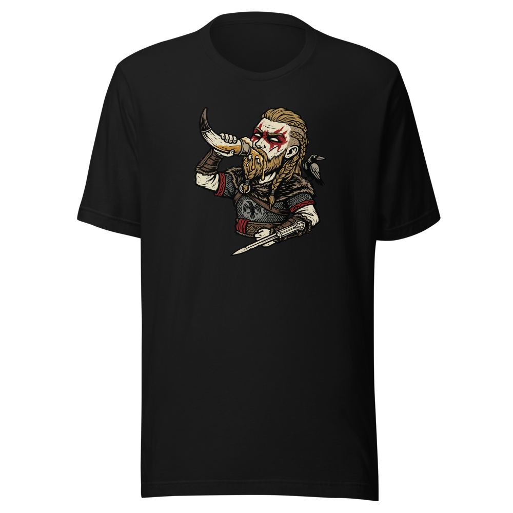 Viking Raider Mead Horn Hidden Blade Woodcut Tee — black front view
