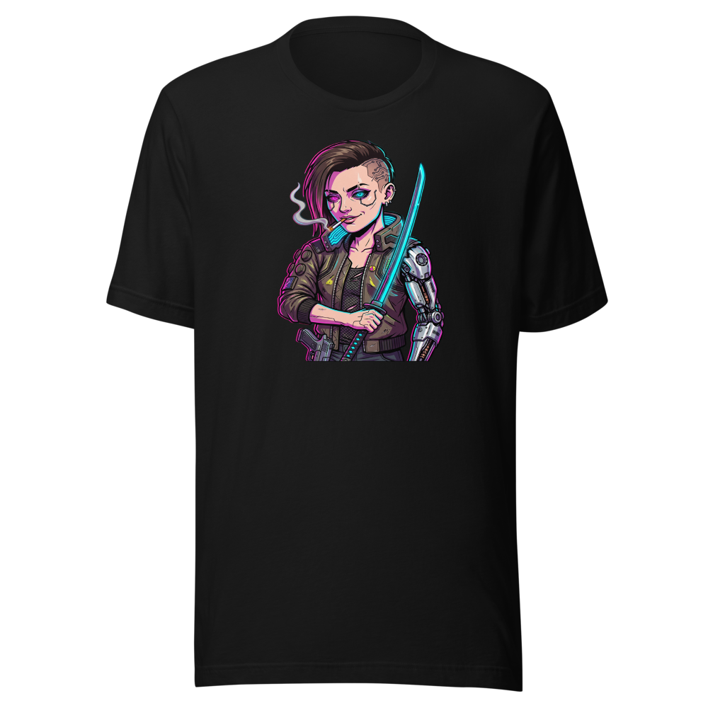 Neon Night City Chrome Merc Katana Tee — black front view