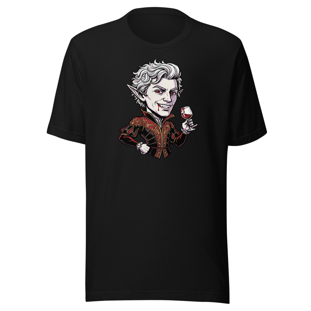 Smug Vampire Elf Rogue Comic Ink Tee — black front view