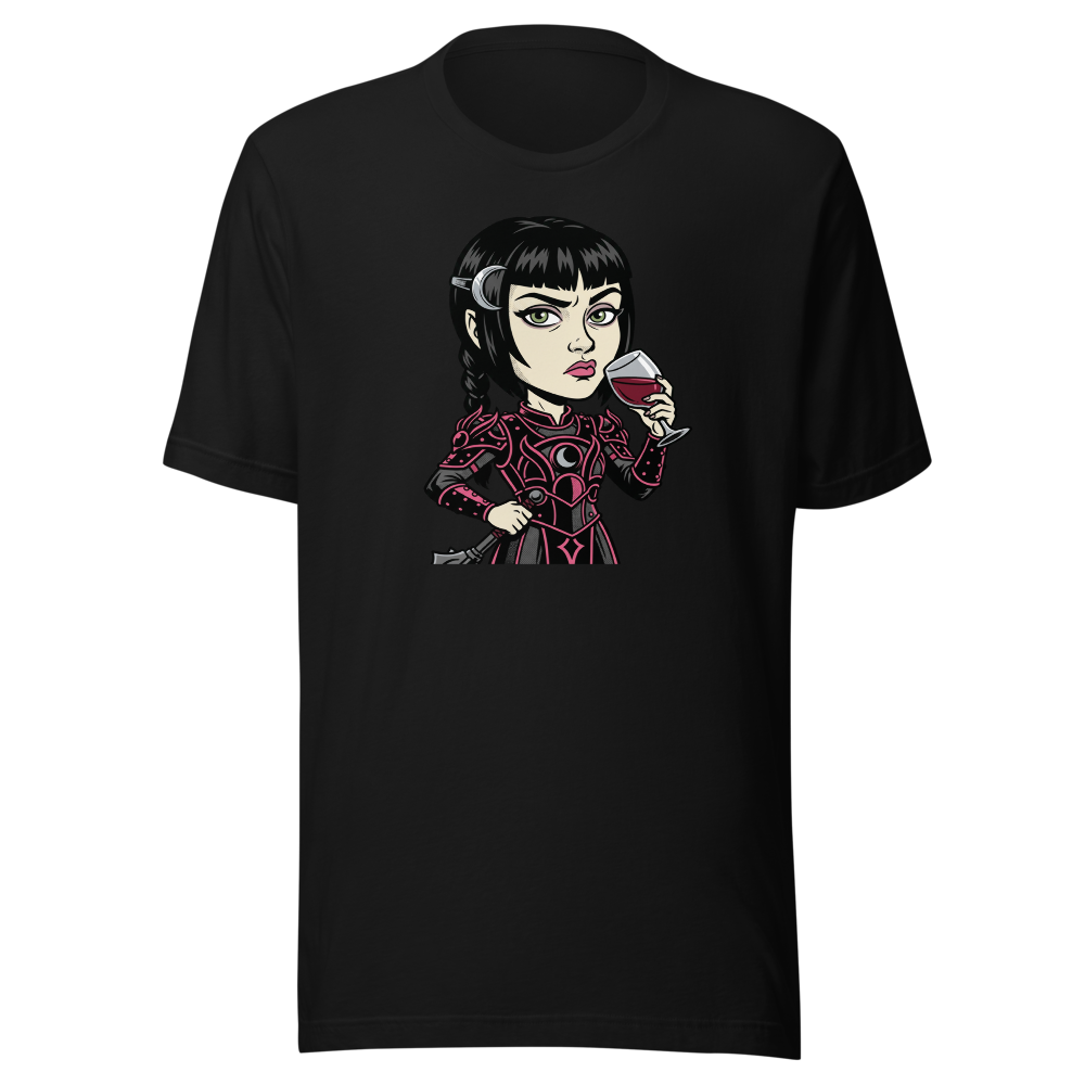 Moody Cleric Wine Judgment Comic Ink RPG Tee — black front view