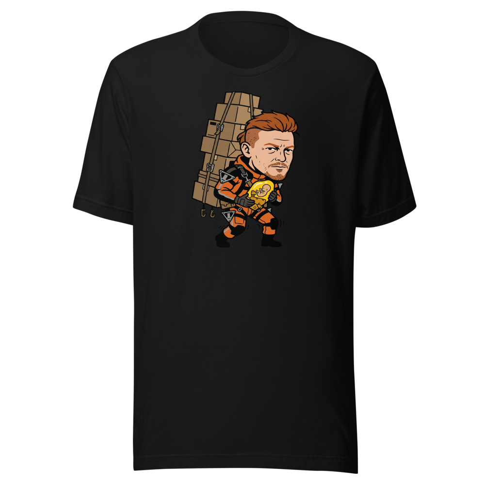 Overworked Courier Parcel Tower Delivery Tee — black front view