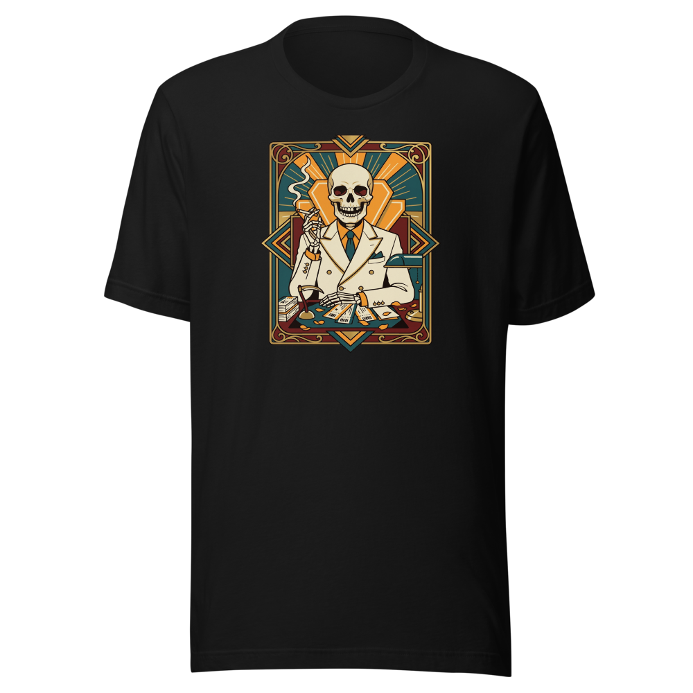 Skeleton Travel Agent Art Deco Noir Tee — black front view