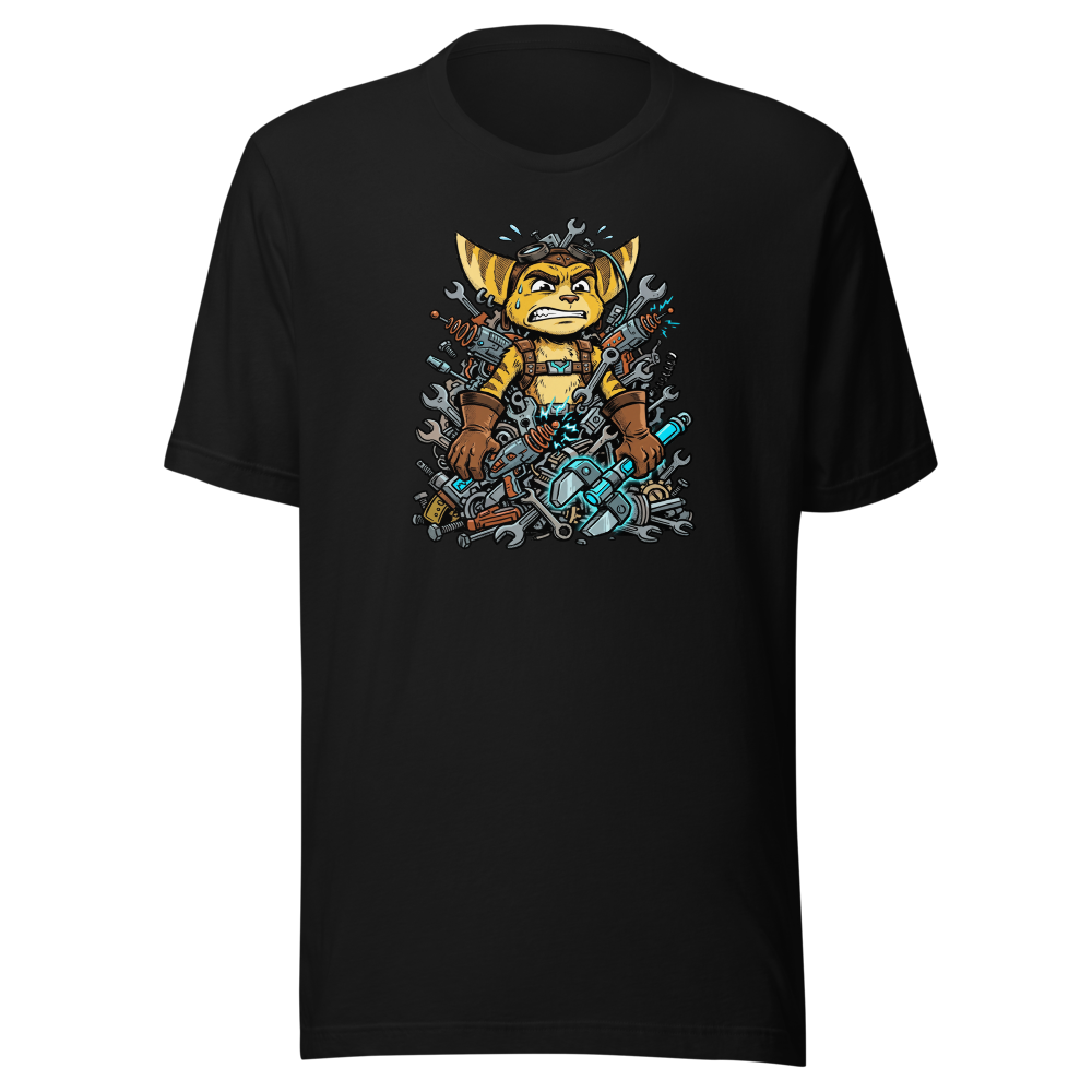 Overwhelmed Space Mechanic Wrench Pile Comic Tee — black front view