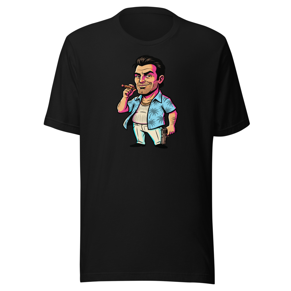 Tropical Mobster Halftone Pop Art Neon Miami Tee — black front view