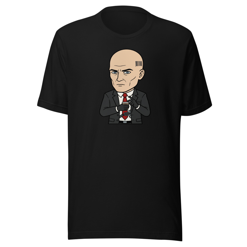 Deadpan Bald Assassin Cappuccino Order Tee — black front view