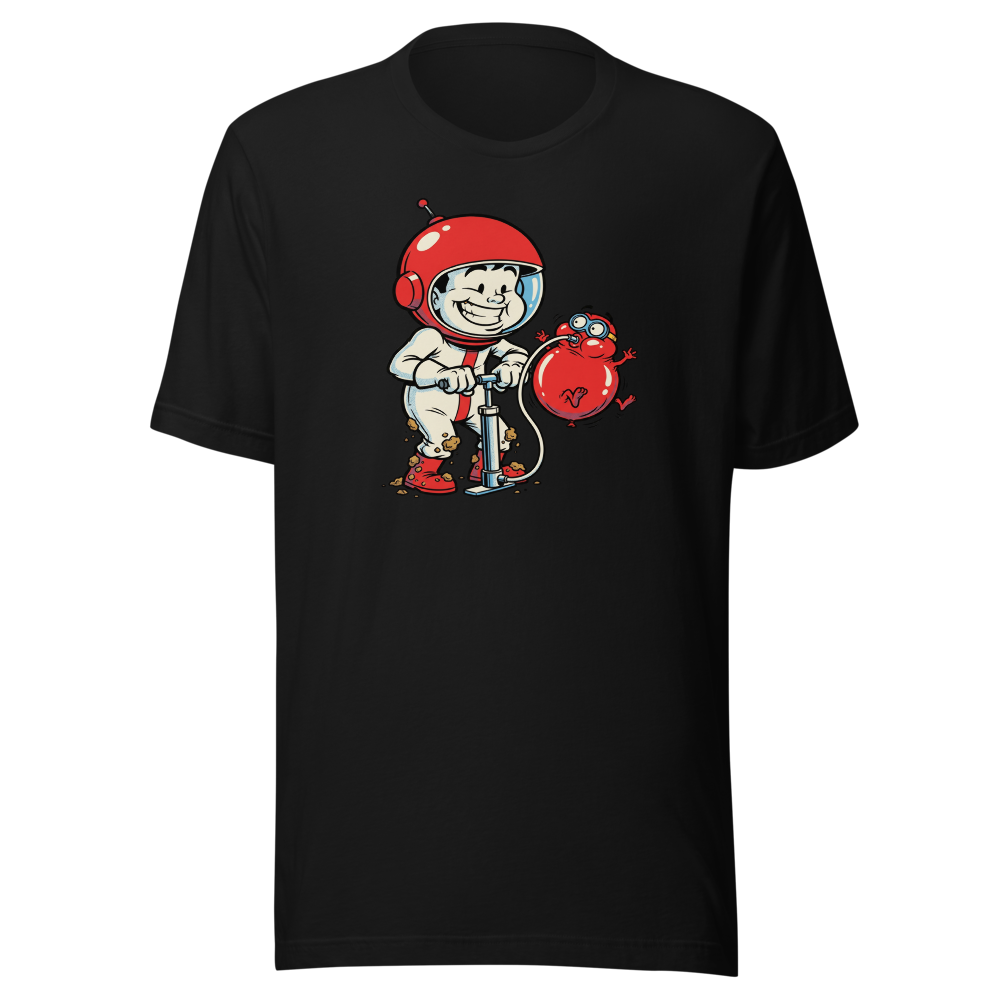 Retro Arcade Pump Clown Comic Ink Graphic Tee — black front view