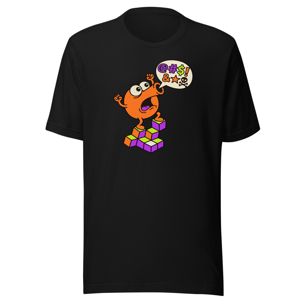 Rage Quit Arcade Gremlin Retro Cube Pyramid Tee — black front view