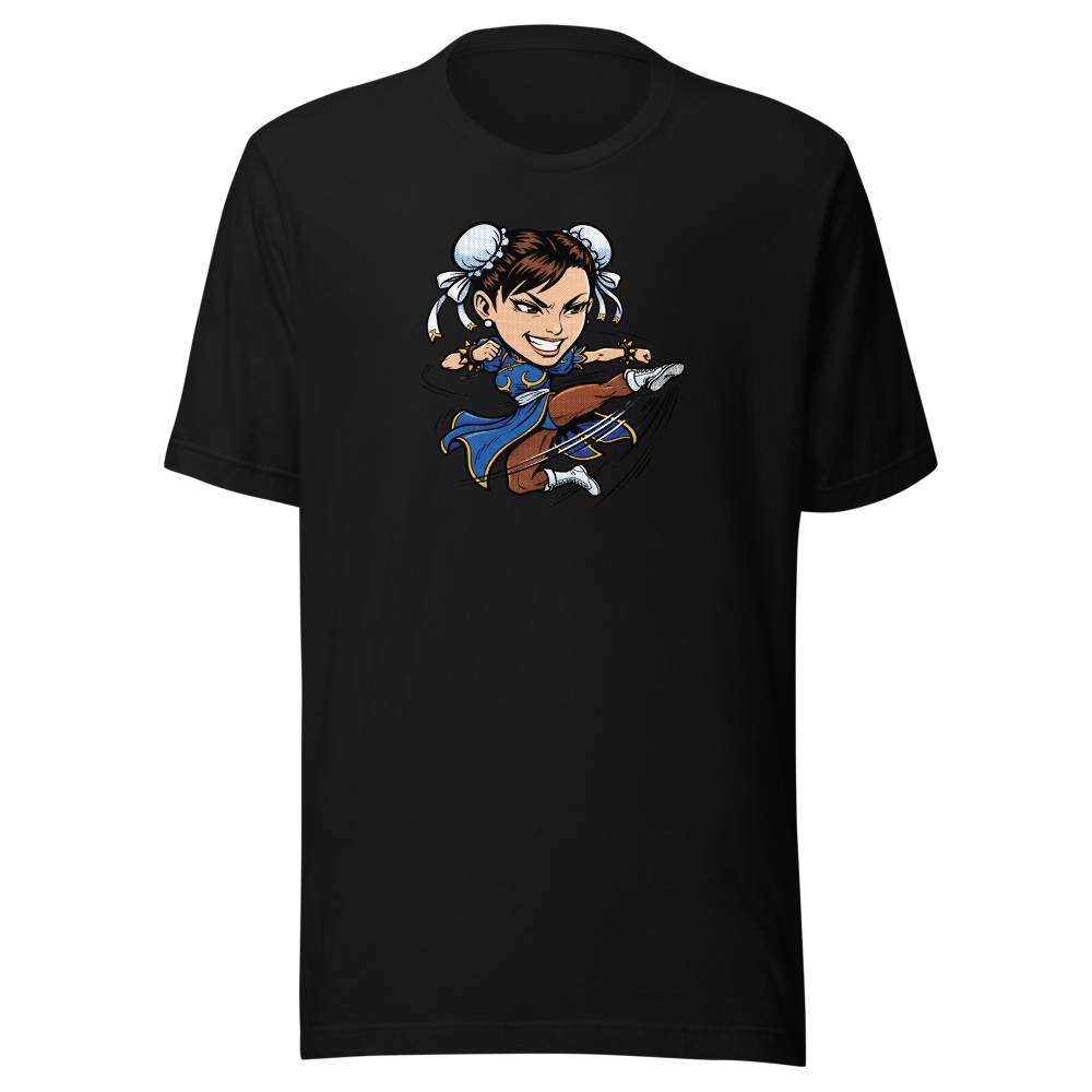 Arcade Fighter Spinning Kick Halftone Pop Art Tee — black front view