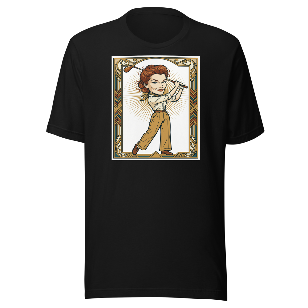 Jazz Age Golf Champion Art Deco Caricature Tee — black front view