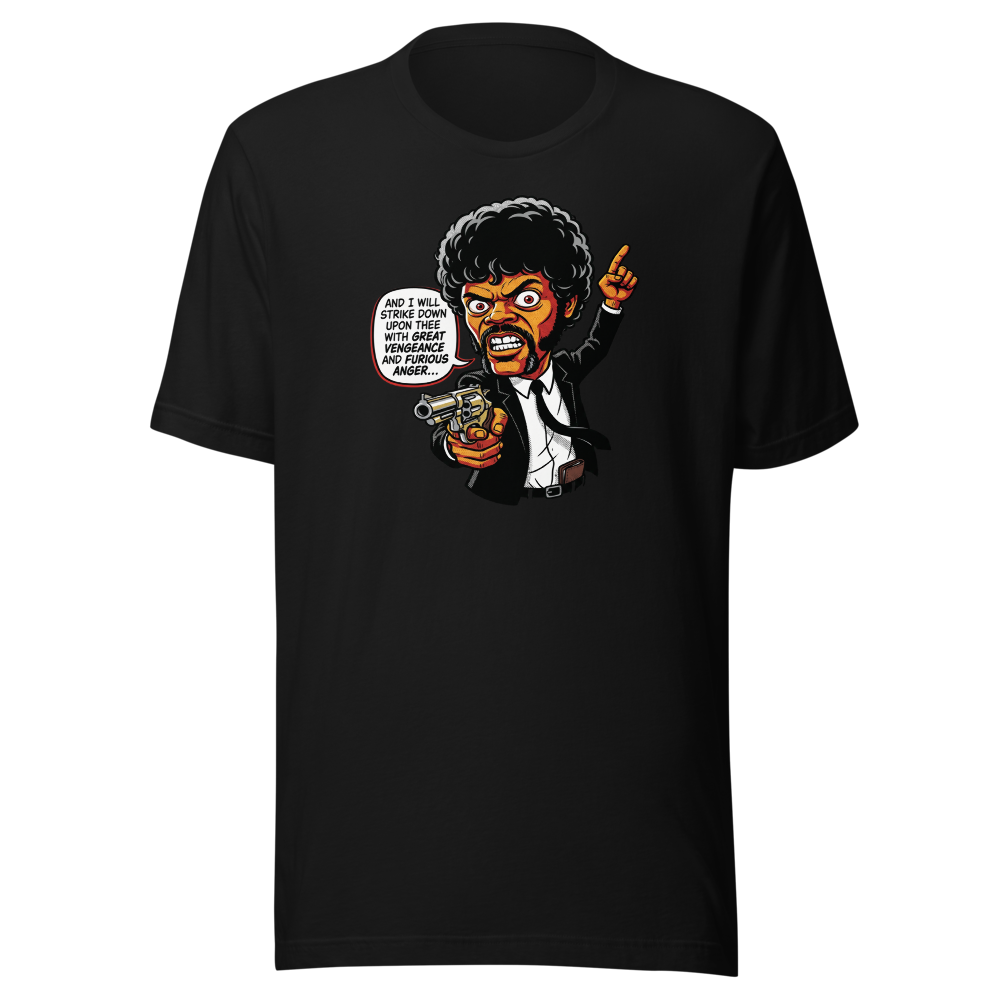 Righteous Hitman Halftone Pop Art Movie Tee — black front view