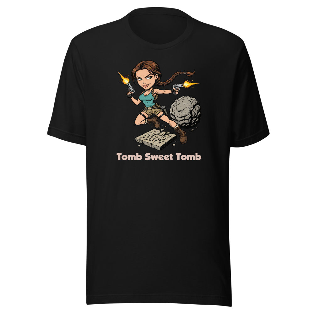 Tomb Sweet Tomb Action Heroine Adventure Tee — black front view
