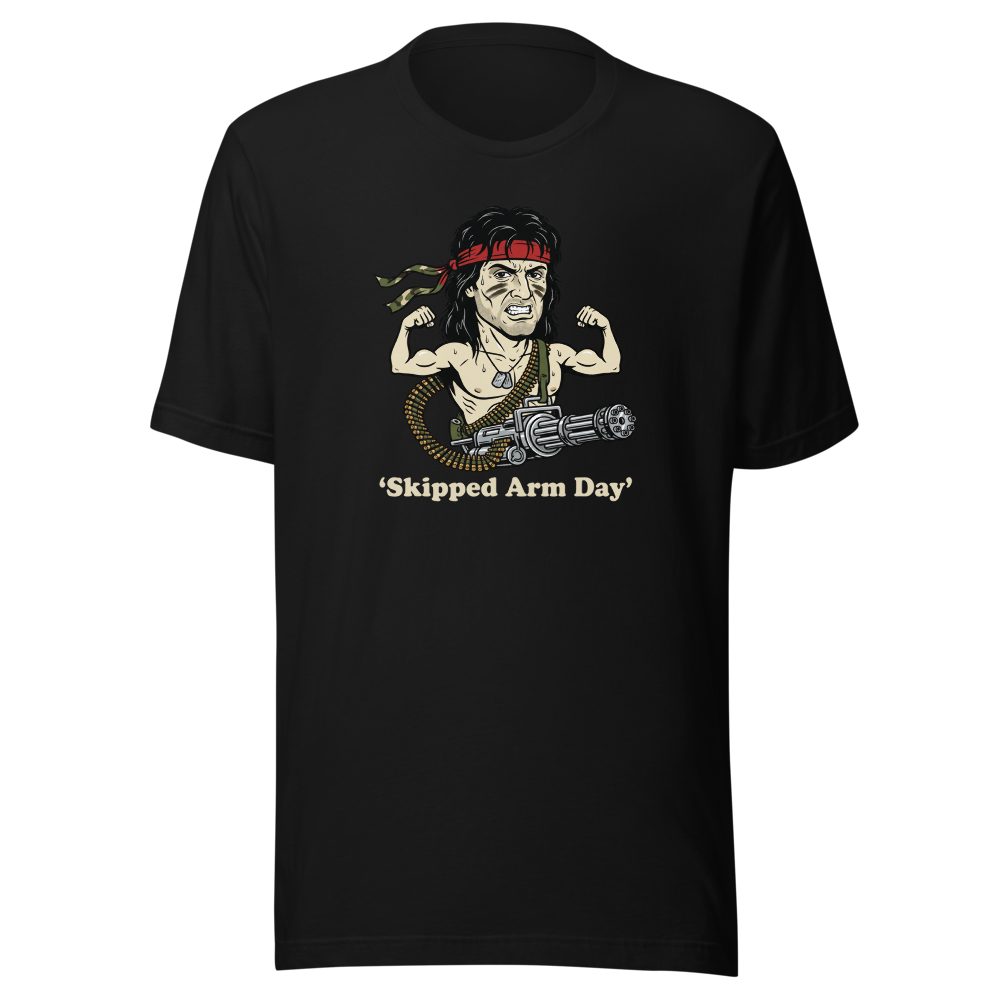 Skipped Arm Day One-Man Army Punk Action Tee — black front view