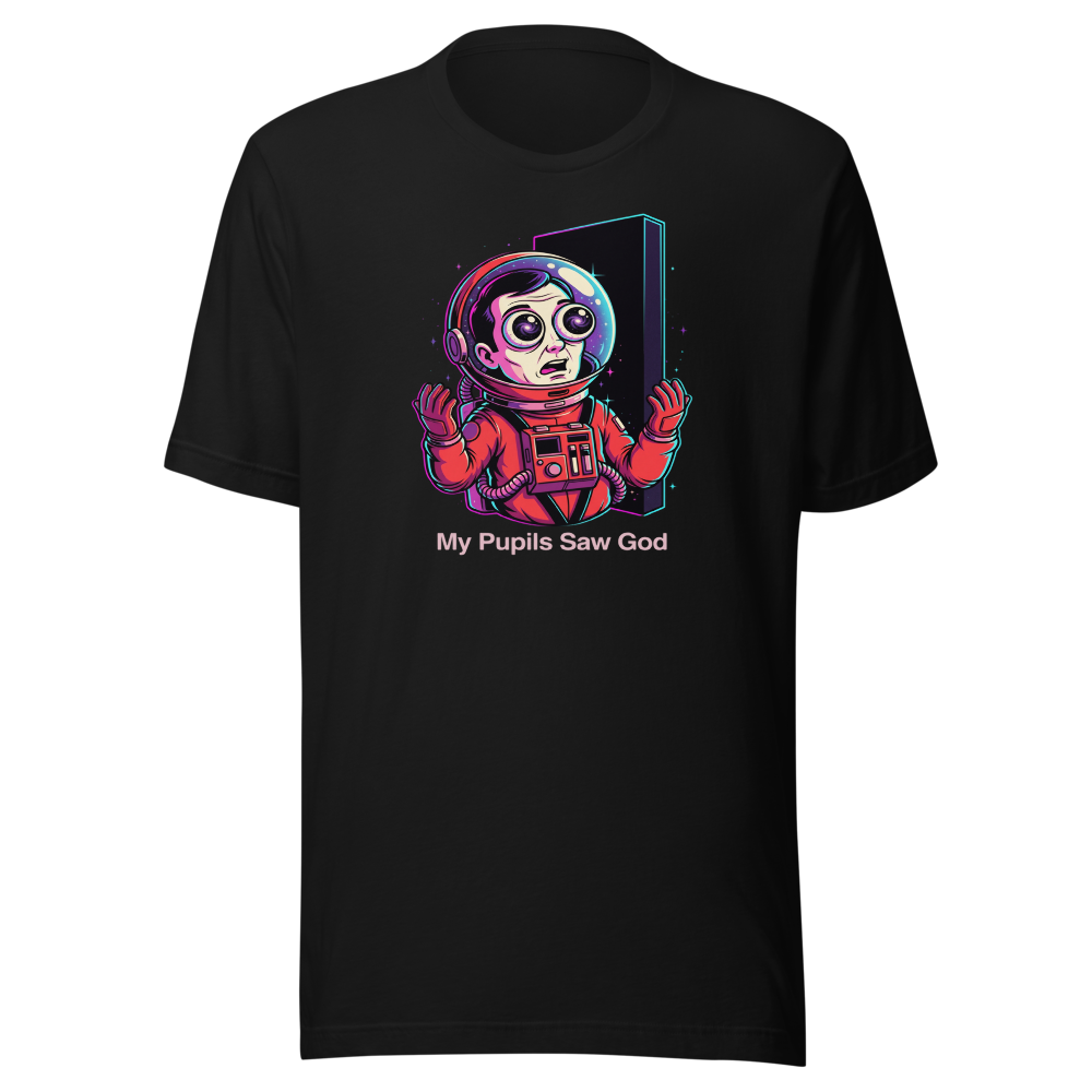Cosmic Astronaut Monolith Neon Sci-Fi Parody Tee — black front view