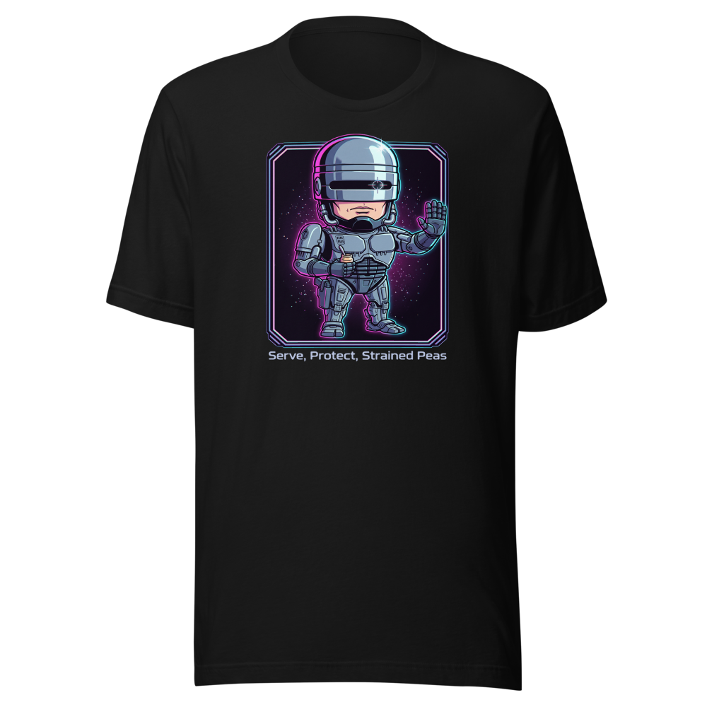 Cyborg Cop Strained Peas Cyberpunk Parody Tee — black front view
