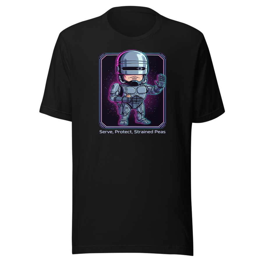 Cyborg Cop Strained Peas Cyberpunk Parody Tee