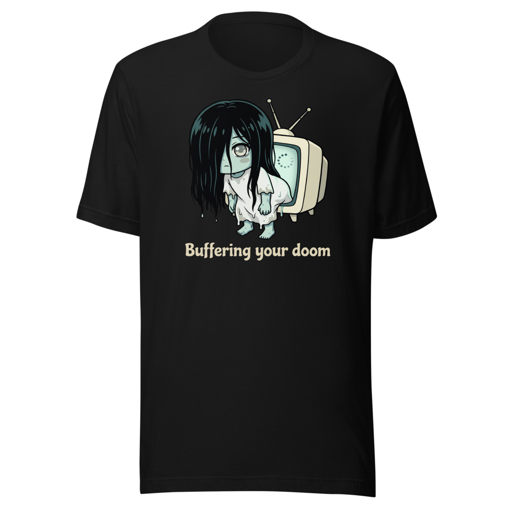 Buffering Your Doom Chibi Kawaii Horror Ghost Tee — black front view