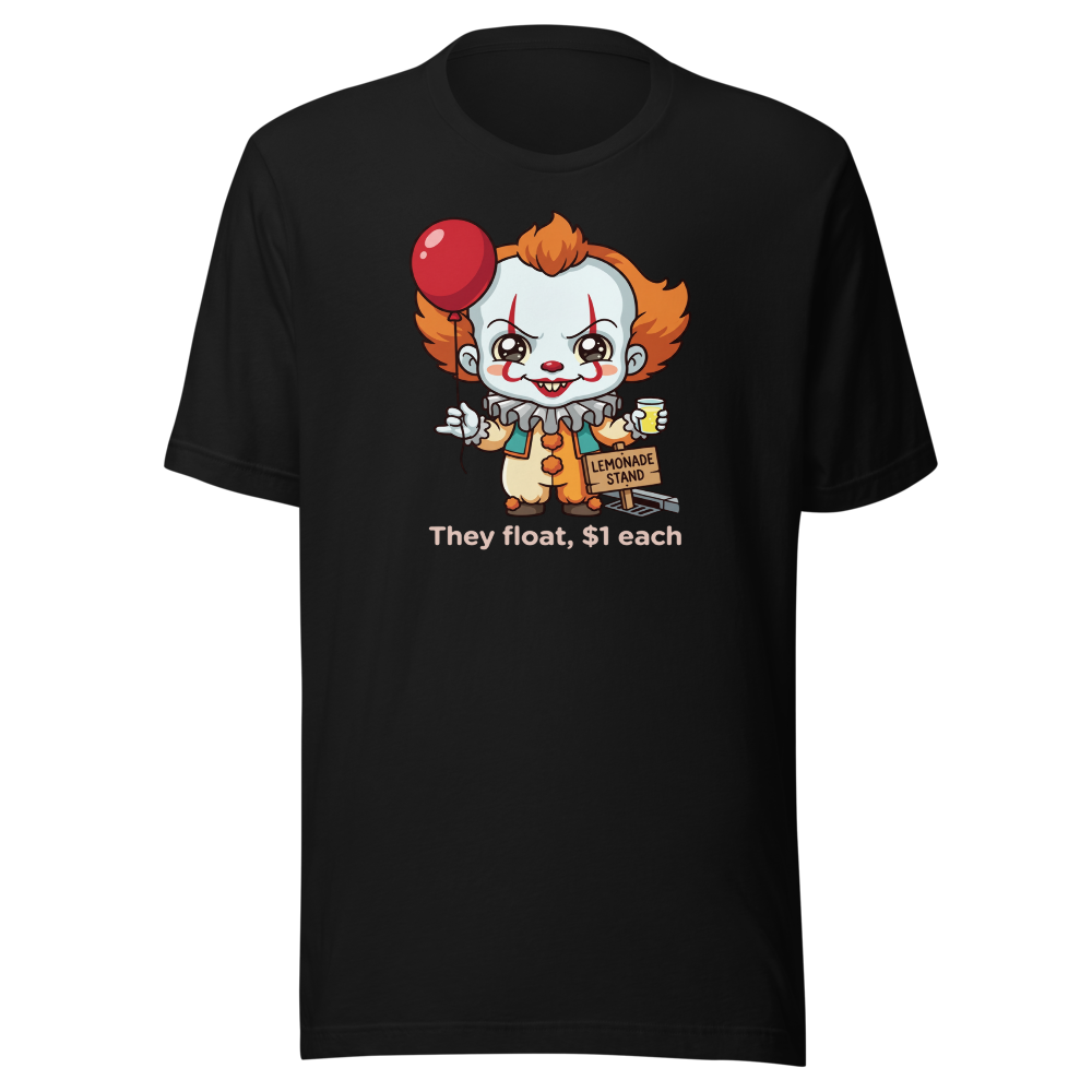 Chibi Creepy Clown Lemonade Stand Horror Parody Tee — black front view