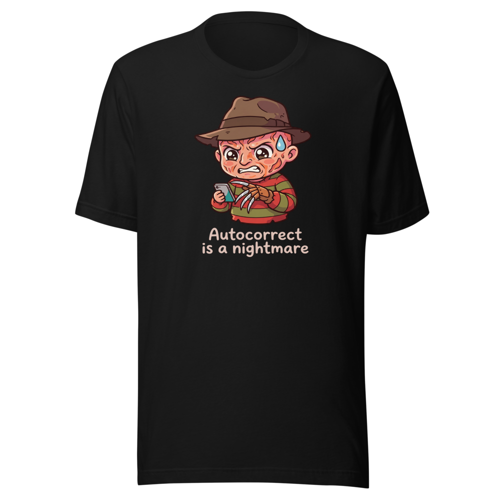 Chibi Slasher Autocorrect Nightmare Horror Parody Tee — black front view