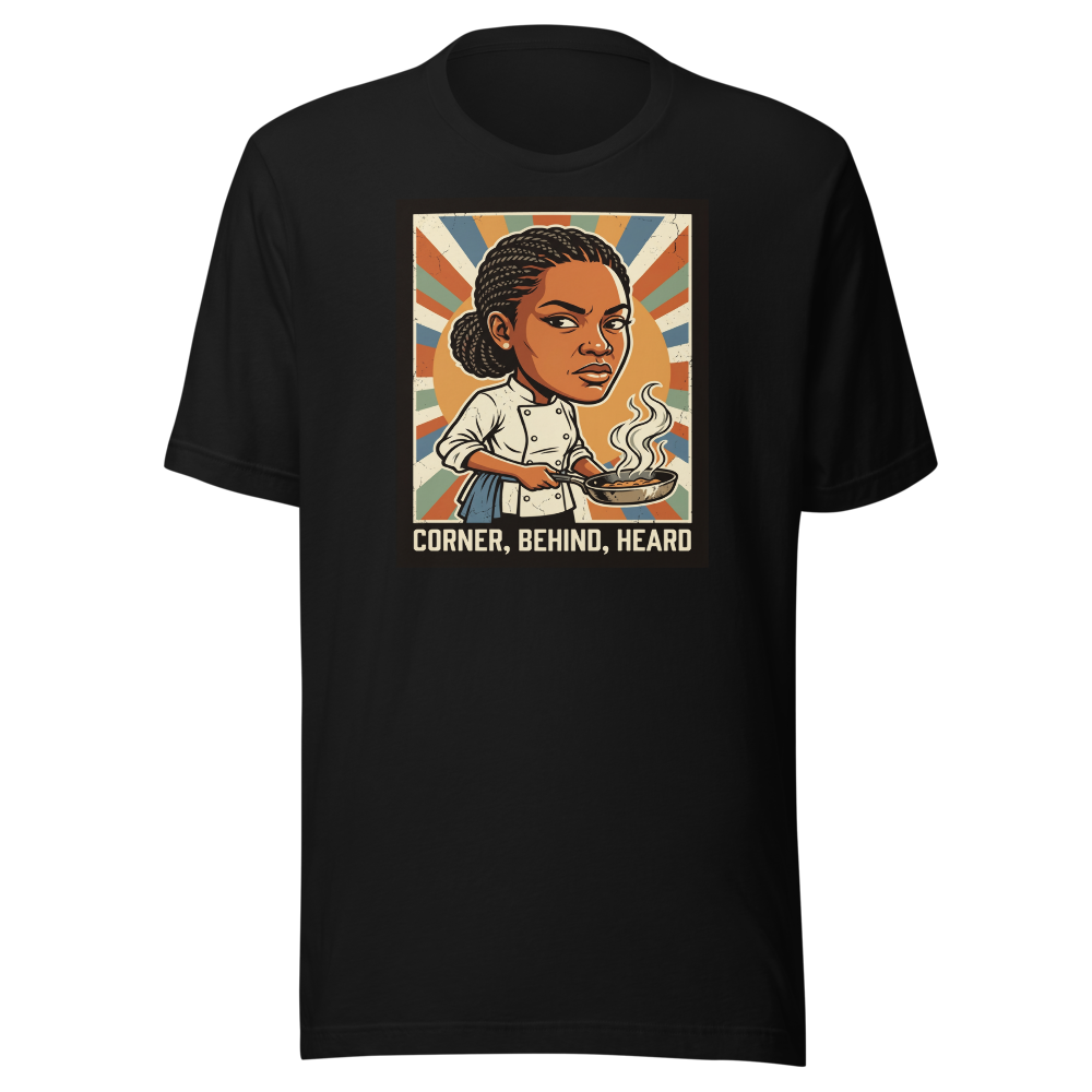 Side-Eye Chef Propaganda Screenprint Kitchen Tee — black front view