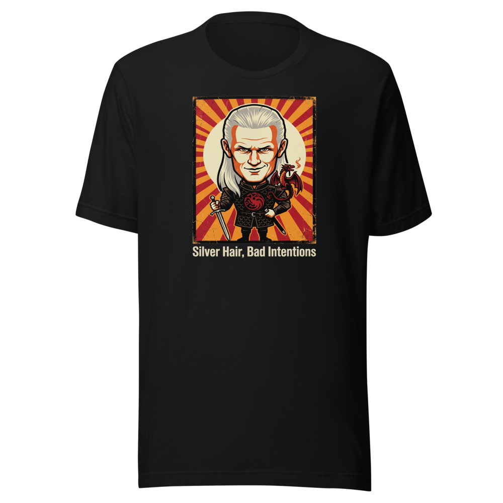 Silver Hair Bad Intentions Rogue Prince Dragon Tee — black front view