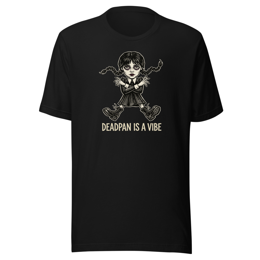Deadpan Goth Dance Puppet Blackwork Linocut Tee — black front view
