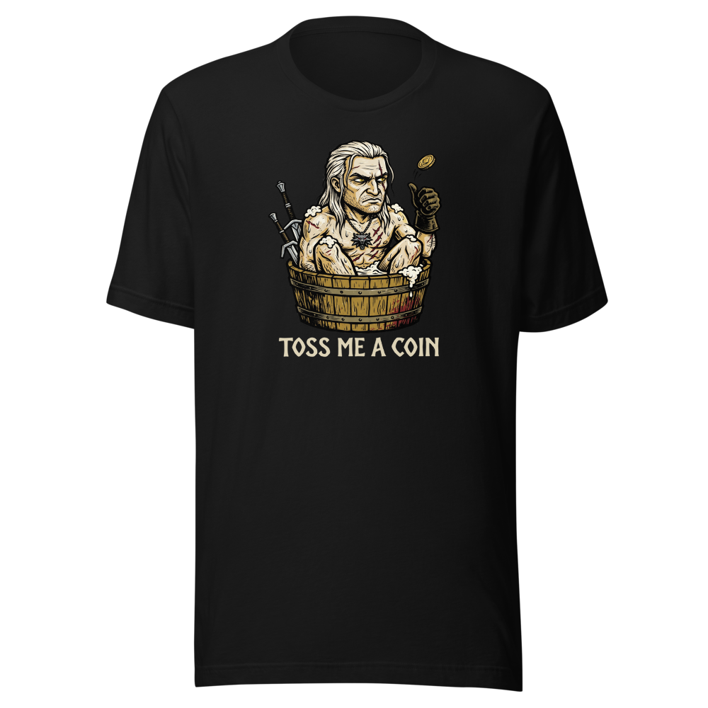 Grumpy Monster Hunter Bathtub Coin Toss Woodcut Tee — black front view
